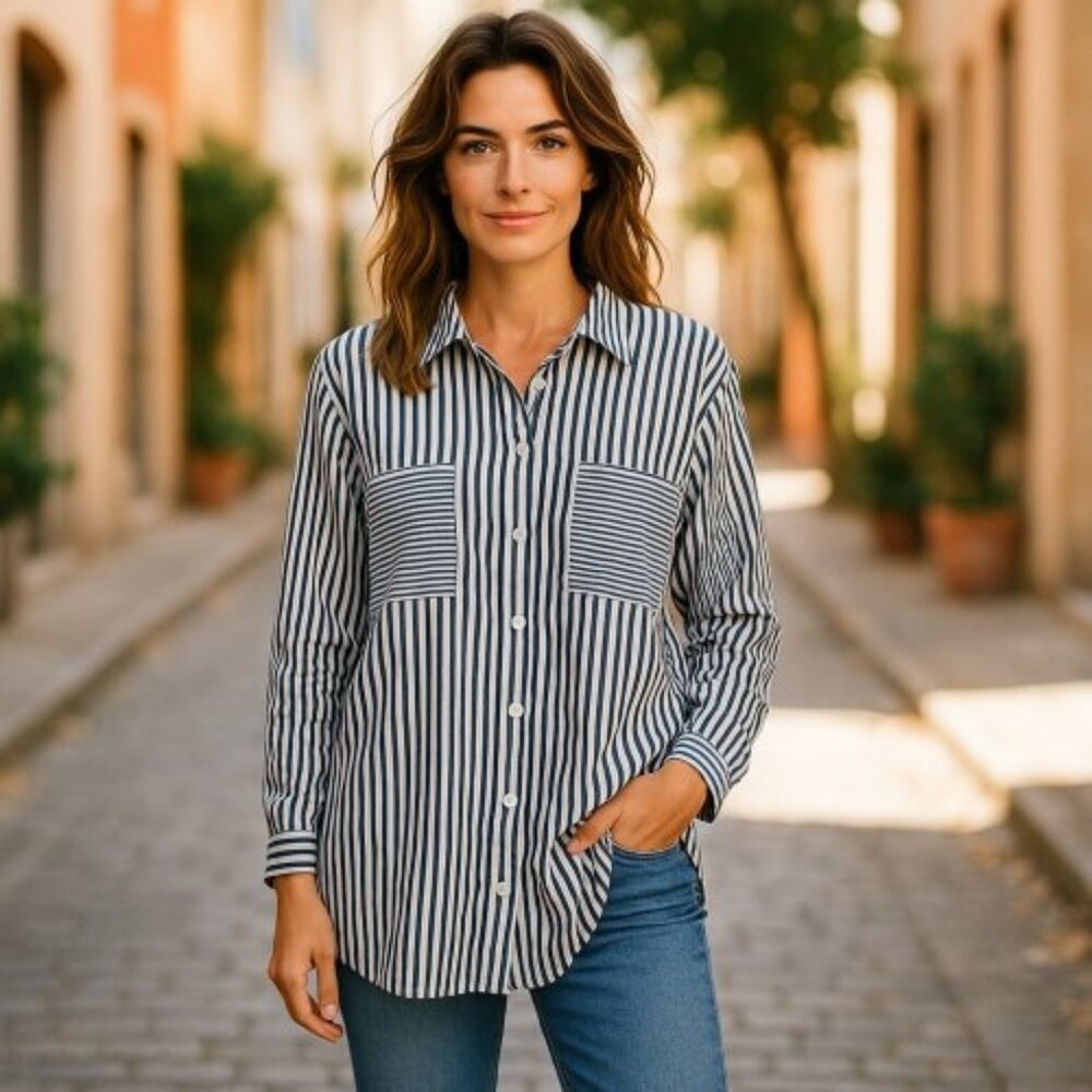 COLLECTION L Blue and White Striped Tunic Blouse Ladies Size 14